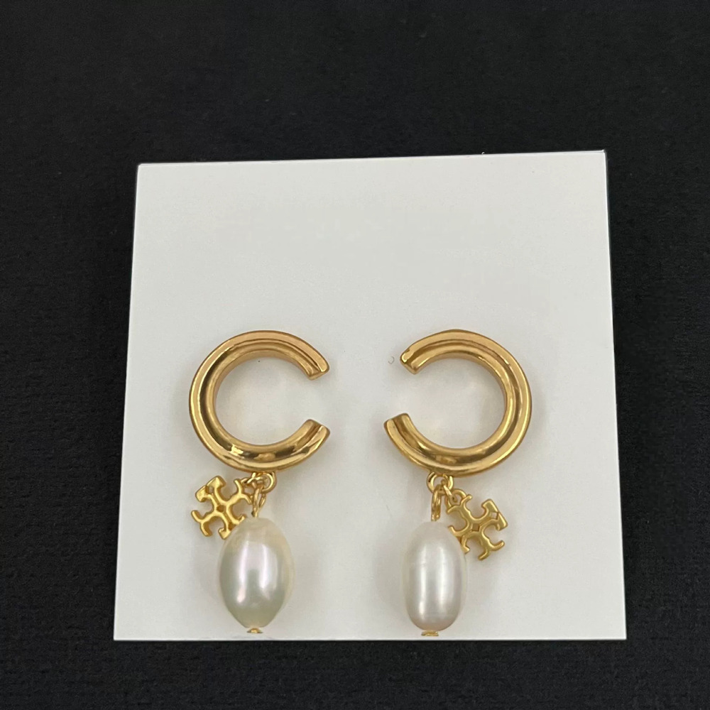 Tory Burch 3D Letter Freshwater Pearl Drop Earrings